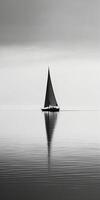 white image of a lone sailboat on a calm sea, photo