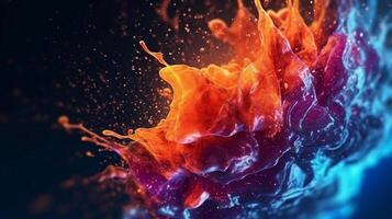 Paint drop. Ink water. Cold flame. Burning ice. Red orange blue color gradient glowing glitter fluid splash on dark black abstract art background. photo