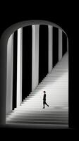 un mujer es caminando abajo un blanco escalera. ai generativo foto