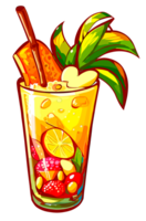 Tropical Cocktail drink with straw and fruits isolated. Clip art illustration style. png
