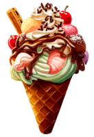 hielo crema con frutas y coberturas en oblea cono aislado. acortar Arte ilustración estilo. ai generado png