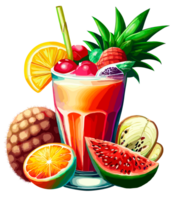 Tropical Cocktail drink with straw and fruits isolated. Clip art illustration style. png