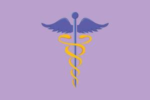 Cartoon flat style drawing of caduceus, medical center, pharmacy, hospital with popular symbol of medicine. Medical health care icon, logotype, label, sticker, card. Graphic design vector illustration