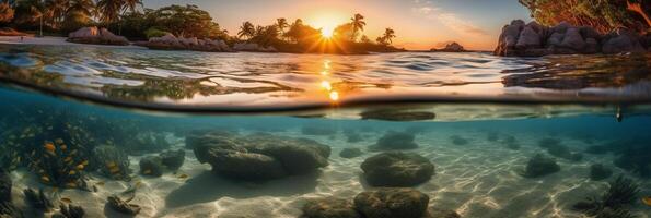 Photograph of beautiful inviting beach scene with sunset sky. photo