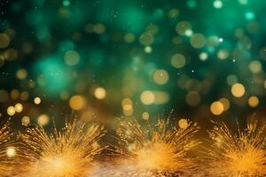 oro y verde fuegos artificiales y bokeh en nuevo año víspera y Copiar espacio. resumen antecedentes día festivo. ai generativo foto