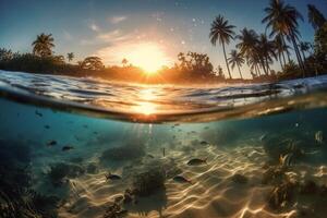 Photograph of beautiful inviting beach scene with sunset sky. photo