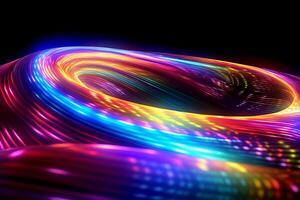 hyper loop or warp technology concepts with flow of Digital stream in line multicolor neon. photo