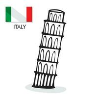 un negro y blanco dibujo de el propensión torre de Pisa y Italia bandera con y vector Arte ilustración modelo bandera diseño