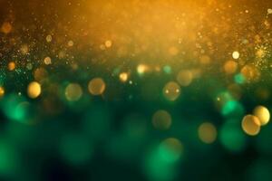 Gold and green Fireworks and bokeh in New Year eve and copy space. Abstract background holiday. photo