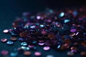 Sparkling Glitter abstract background dark purple saturated color, de - focused, macro. Sequins fall and sparkle, round bokeh. photo