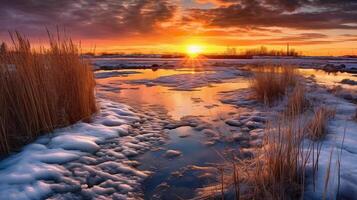 Sunset above the reeds at the edge of the lake. photo