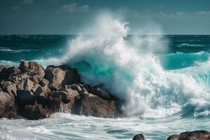 Sunny day, Beauty of marine nature, strength and power of the water element in form of a large turquoise sea wave crashing on shore. photo