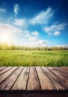 Spring summer beautiful background with green juicy young grass and empty wooden table in nature outdoor. Natural template landscape with blue sky and sun. AI Generative photo