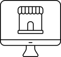 E-Shop In Computer For Online Shopping Line Art Icon. vector