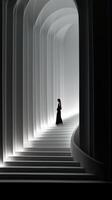 A woman is walking down a white staircase. photo