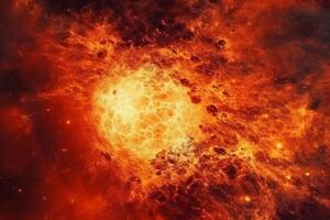 Abstract fancy red orange fire, sun light planet surface, grunge texture, fantasy galaxy background. photo