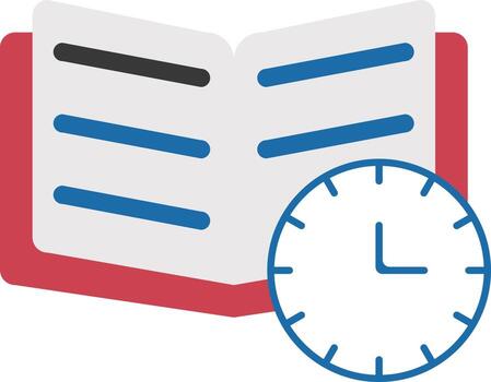 abierto libro con reloj vistoso icono en plano estilo. vector
