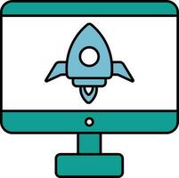 Rocket in Desktop Screen Teal and White Color Icon. vector