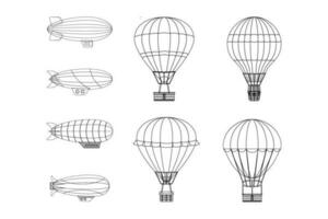 Hot air balloon and rocket outline illustration. Air transportation outline icon set. Clean and simple design. vector