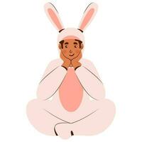 dibujos animados hombre vistiendo conejito disfraz en sentado pose. vector