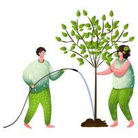 Cartoon Man And Woman Gardening Together On White Background. vector