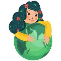 Cartoon Girl Hugging Earth Globe On White Background. vector