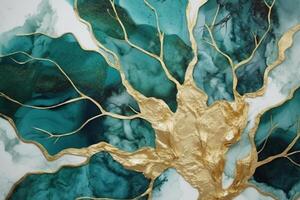 golden tree, green, light gray, and turquoise 3d abstract background,. photo