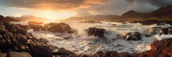 The waves are crashing over the rocks at sunset. photo