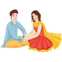 Sister Tying Rakhi To Her Brother On White Background. vector