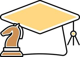 graduación sombrero con ajedrez Caballero o caballo amarillo y marrón icono en plano estilo. vector