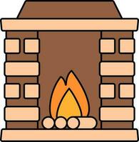 Flat Style Fireplace Icon In Brown And Peach Color. vector