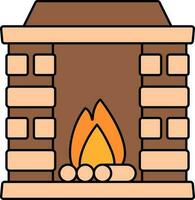 Flat Style Fireplace Icon In Brown And Peach Color. vector