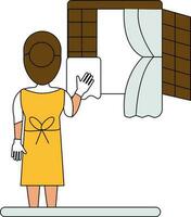 Back View Of Young Female Cleaning Window With Cloth Colorful Icon. vector