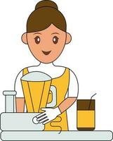 joven mujer haciendo jugo desde mezclador amoladora con vaso vistoso icono. vector