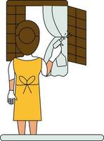 Back View Of Young Female Cleaning Window With Spray Colorful Icon. vector