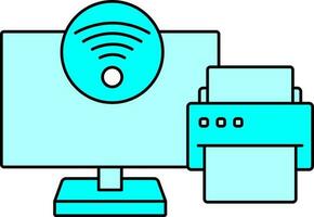 Illustration Of Printer With Computer Icon In Cyan Color. vector