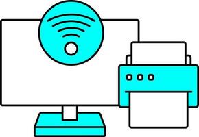 Illustration Of Printer With Computer Icon In Cyan And White Color. vector