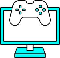 Computer With Video Game Icon Or Symbol In Cyan And White Color. vector