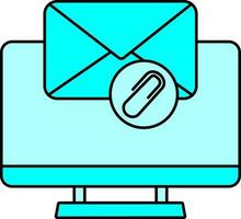 Computer With Mail Icon Or Symbol In Cyan Color. vector