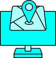 Online Map Application With Computer Screen Icon In Cyan Color. vector