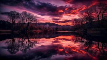 un escena en cuales el todo rosado cielo es reflejado en el agua. ai generativo foto