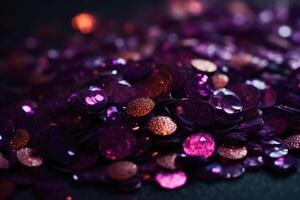 Sparkling Glitter abstract background dark purple saturated color, de - focused, macro. Sequins fall and sparkle, round bokeh. photo