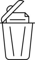 Black Linear Style Paper In Trash Bin Icon. vector