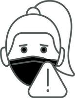 Woman Wear A Mask With Warning Sign Icon In Black And White Color. vector