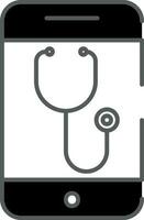 Black And White Color Stethoscope Or Telehealth In Smartphone Icon. vector