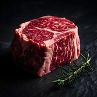 Fresh uncooked marbled beef, black background. photo