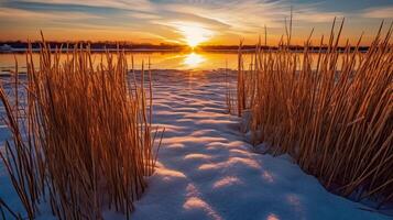 Sunset above the reeds at the edge of the lake. photo