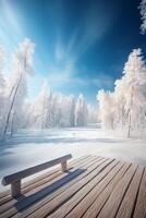 Winter Christmas scenic landscape with copy space. Wooden flooring, white trees in forest covered with snow, snowdrifts and snowfall against blue sky in sunny day photo