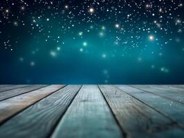 Winter snowy stage background with wooden flooring and Christmas lights on blue background, banner format, copy space. photo