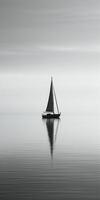 white image of a lone sailboat on a calm sea, photo